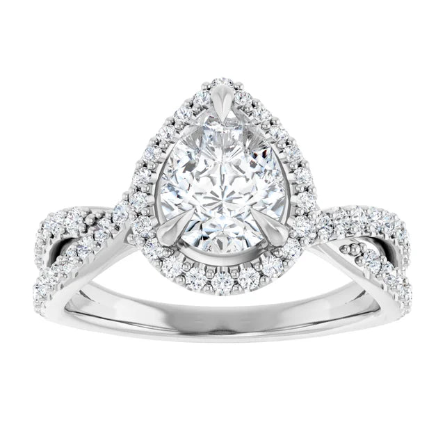 Pear White Gold Twist Band Halo Lab Diamond Engagement Ring  