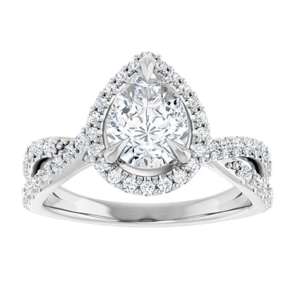 Pear White Gold Twist Band Halo Lab Diamond Engagement Ring  