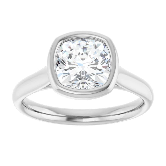 Cushion White Gold Bezel Solitaire Lab Diamond Engagement Ring 