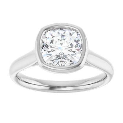 Cushion White Gold Bezel Solitaire Lab Diamond Engagement Ring 