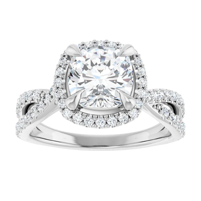 Cushion White Gold Twist Band Halo Lab Diamond Engagement Ring  