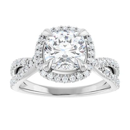 Cushion White Gold Twist Band Halo Lab Diamond Engagement Ring  
