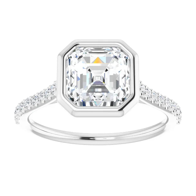 Asscher White Gold Bezel Pave Lab Diamond Engagement Ring 