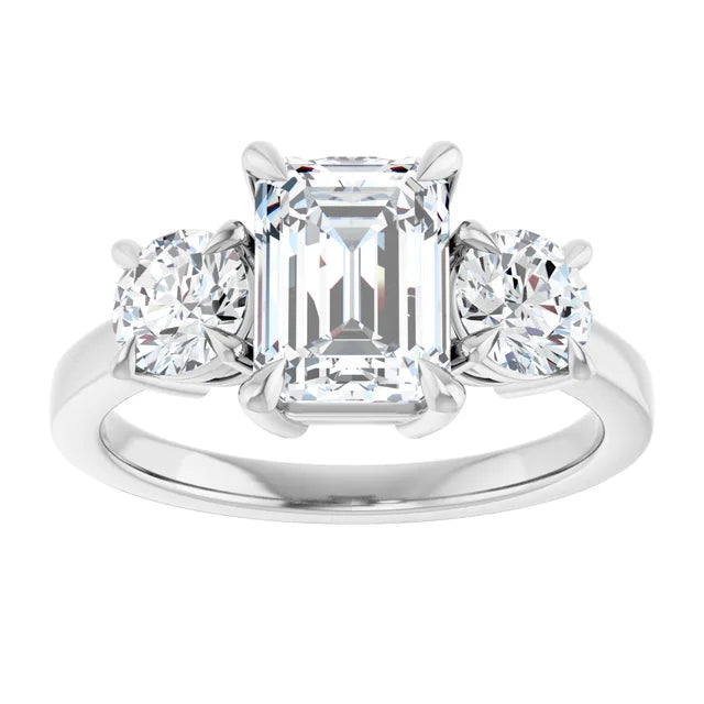 Emerald White Gold Tri Stone Lab Diamond Engagement Ring 