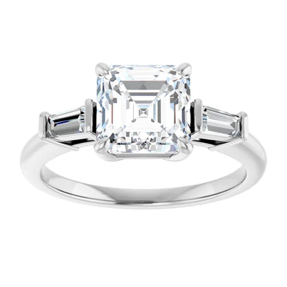 Asscher White Gold Baguette Accent Lab Diamond Engagement Ring 