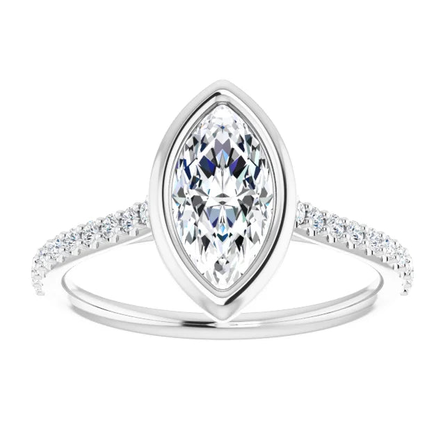 Marquise White Gold Bezel Pave Lab Diamond Engagement Ring 