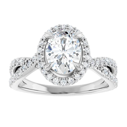 Oval White Gold Twist Band Halo Lab Diamond Engagement Ring  