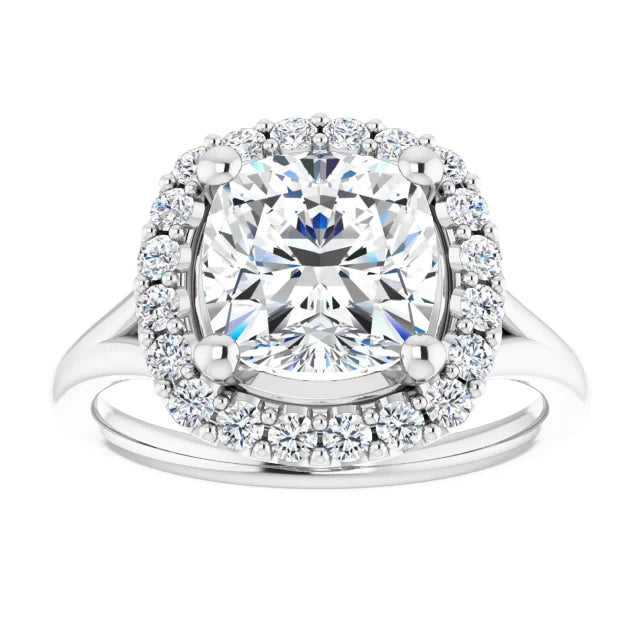 Cushion White Gold Halo Solitaire Split Band Lab Diamond Engagement Ring 