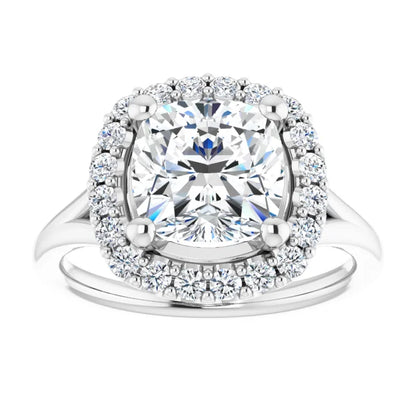 Cushion White Gold Halo Solitaire Split Band Lab Diamond Engagement Ring 