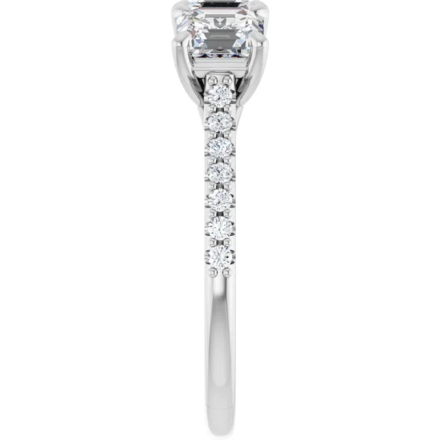 Asscher White Gold Tri Stone Lab Diamonds Engagement Ring 