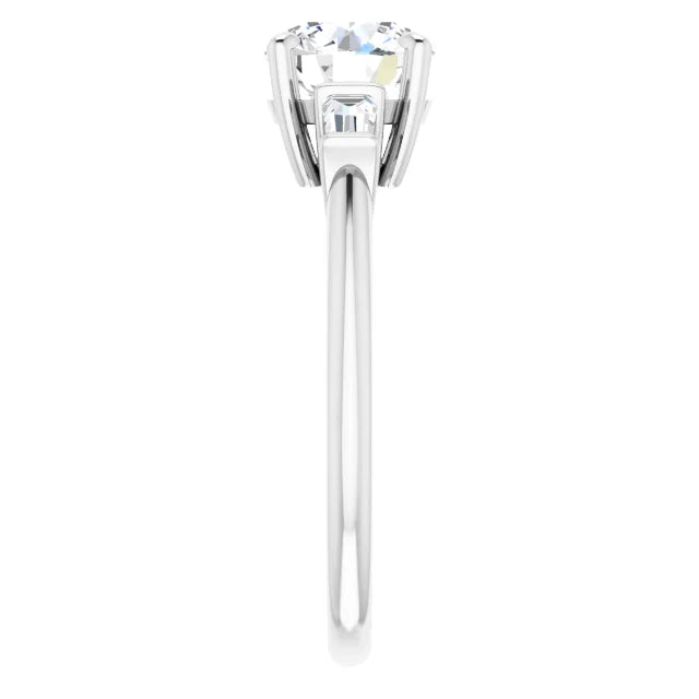 Round Brilliant White Gold Baguette Accent Lab Diamond Engagement Ring 