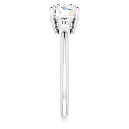 Round Brilliant White Gold Baguette Accent Lab Diamond Engagement Ring 
