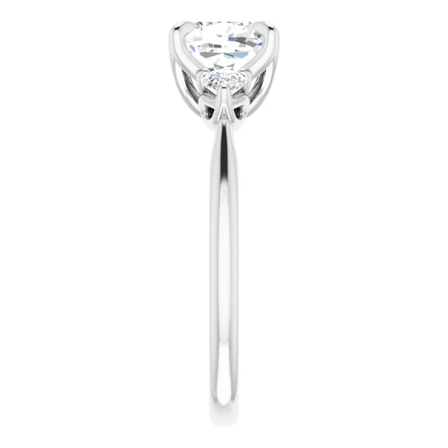 Cushion White Gold Tri -Stone Style Pear Accent Engagement Ring