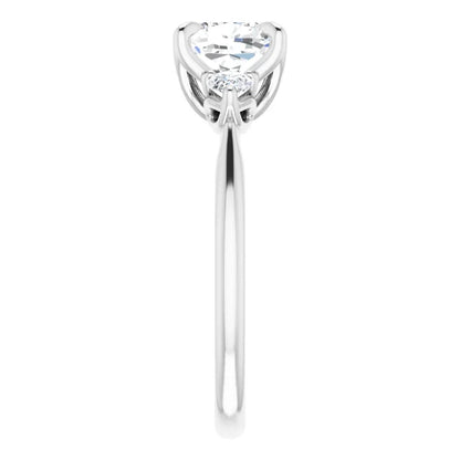 Cushion White Gold Tri -Stone Style Pear Accent Engagement Ring