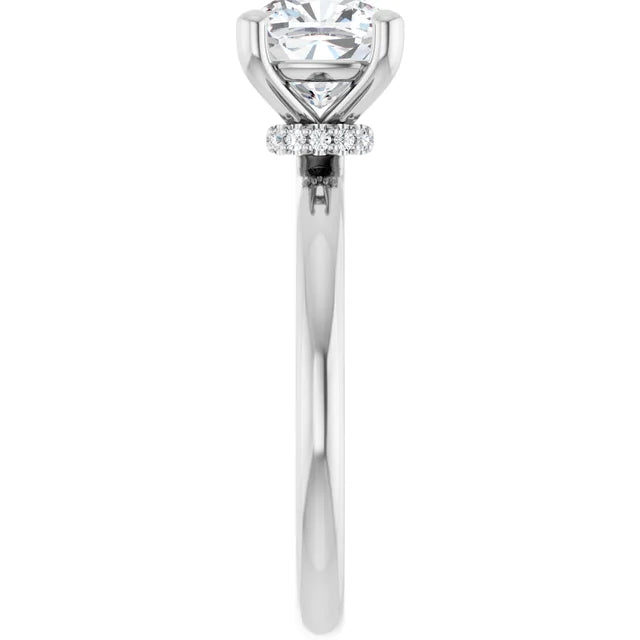 Cushion Cut White Gold Low Hidden Halo Solitaire Engagement Ring
