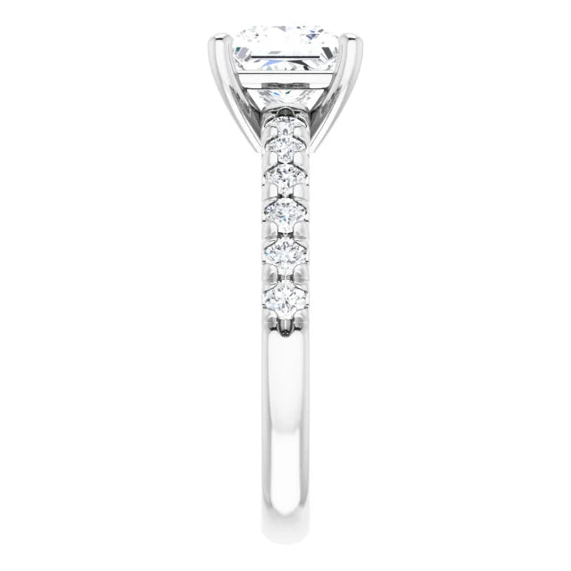Princess White Gold Four Claw Pave Band Lab Diamond Engagement Ring 