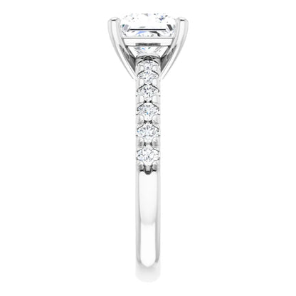 Princess White Gold Four Claw Pave Band Lab Diamond Engagement Ring 