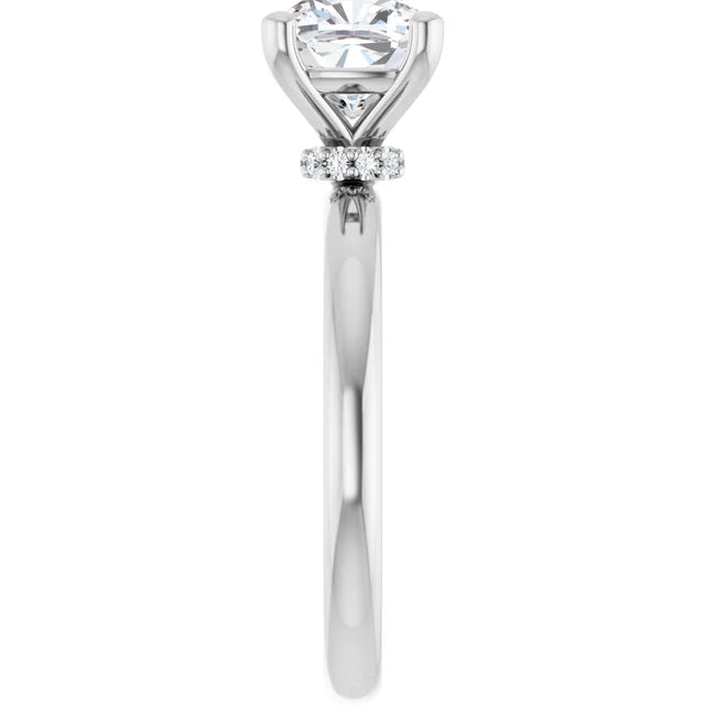 Cushion Cut White Gold Low Hidden Halo Solitaire Engagement Ring
