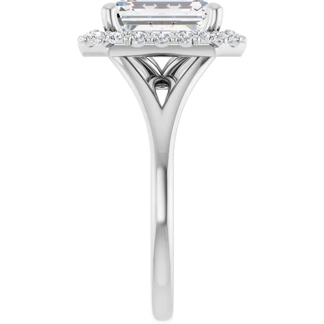 Emerald White Gold Halo Solitaire Split Band Lab Diamond Engagement Ring 