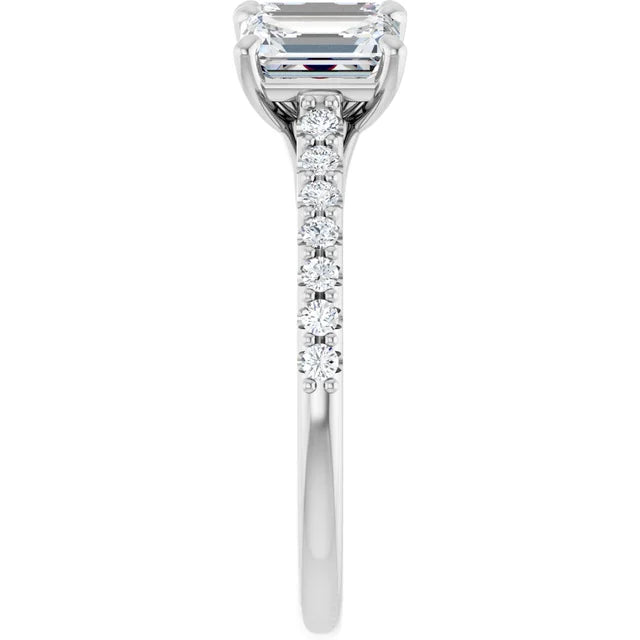 Emerald White Gold Tri Stone Lab Diamonds Engagement Ring 