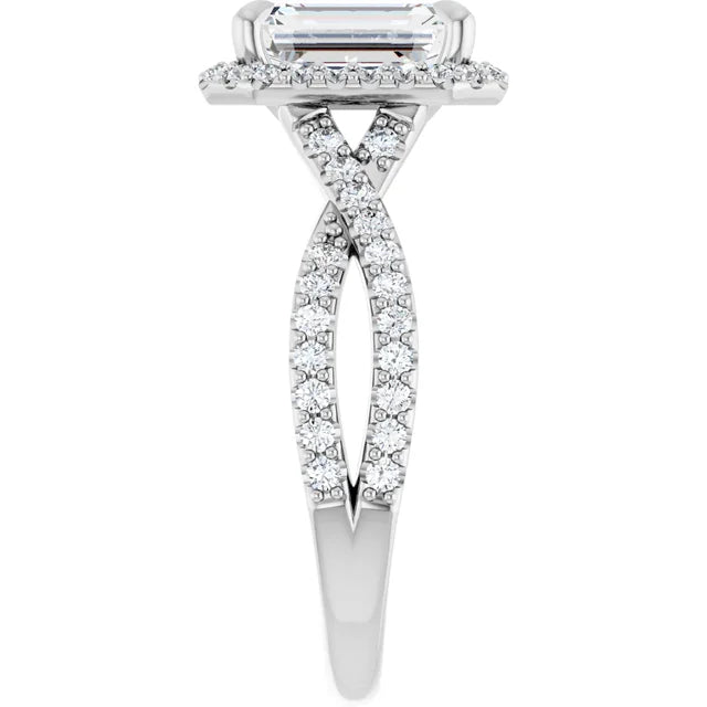 Emerald White Gold Twist Band Halo Lab Diamond Engagement Ring  