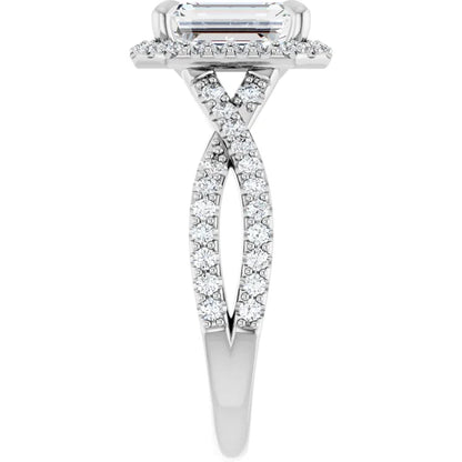 Emerald White Gold Twist Band Halo Lab Diamond Engagement Ring  