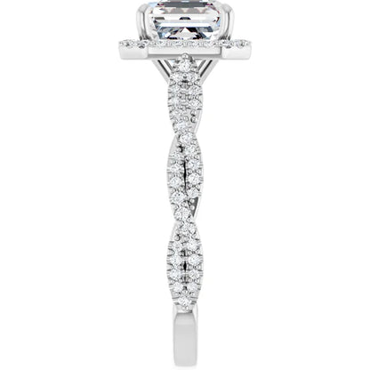 Asscher White Gold Halo Twist Pave Moissanite Engagement Ring 