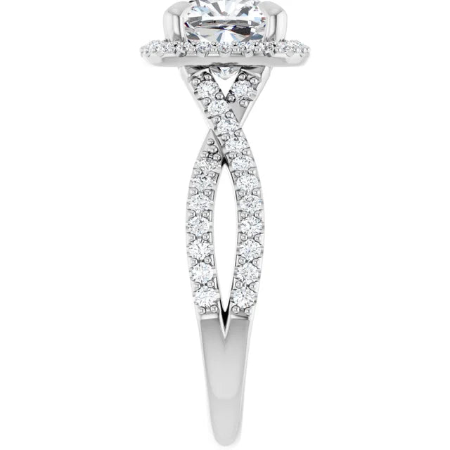 Cushion White Gold Twist Band Halo Lab Diamond Engagement Ring  