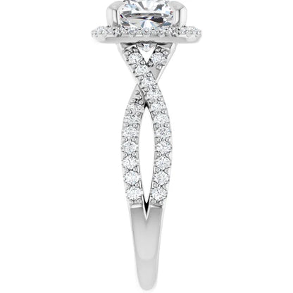 Cushion White Gold Twist Band Halo Lab Diamond Engagement Ring  