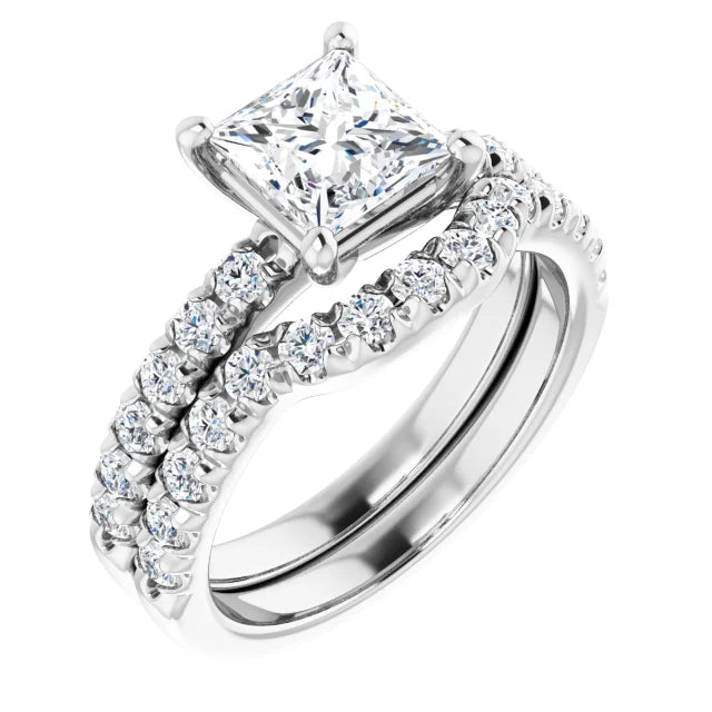 Princess White Gold Four Claw Pave Band Lab Diamond Engagement Ring 