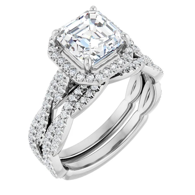 Asscher White Gold Halo Twist Pave Moissanite Engagement Ring 