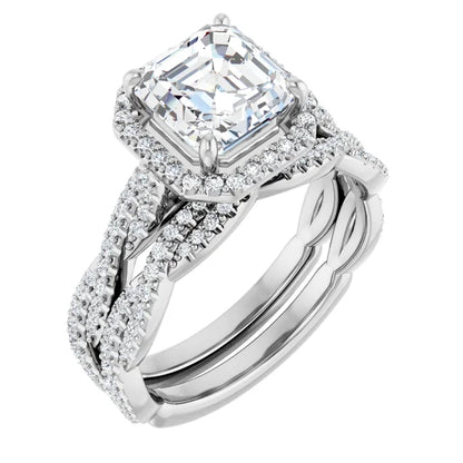 Asscher White Gold Halo Twist Pave Moissanite Engagement Ring 