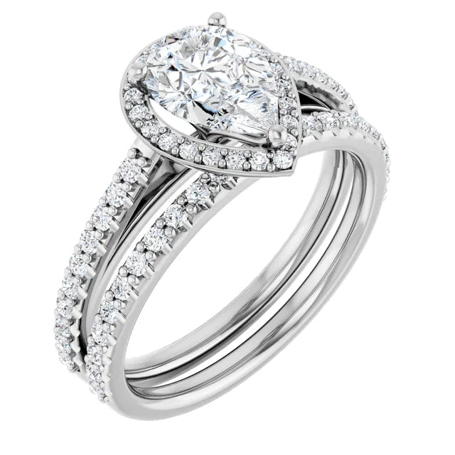 Pear White Gold Halo Lab Diamond Engagement Ring 