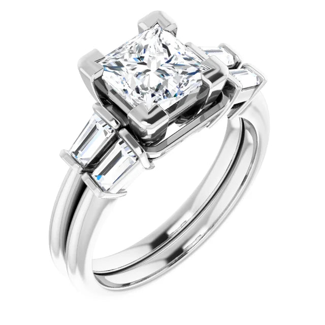 Princess White Gold Baguette Accent Lab Diamond Engagement Ring