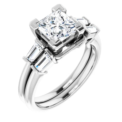 Princess White Gold Baguette Accent Lab Diamond Engagement Ring