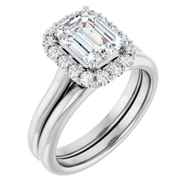Emerald Halo Solitaire White Gold Lab Diamond Engagement Ring 