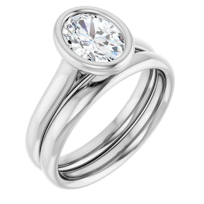 Oval White Gold Bezel Solitaire Lab Diamond Engagement Ring 
