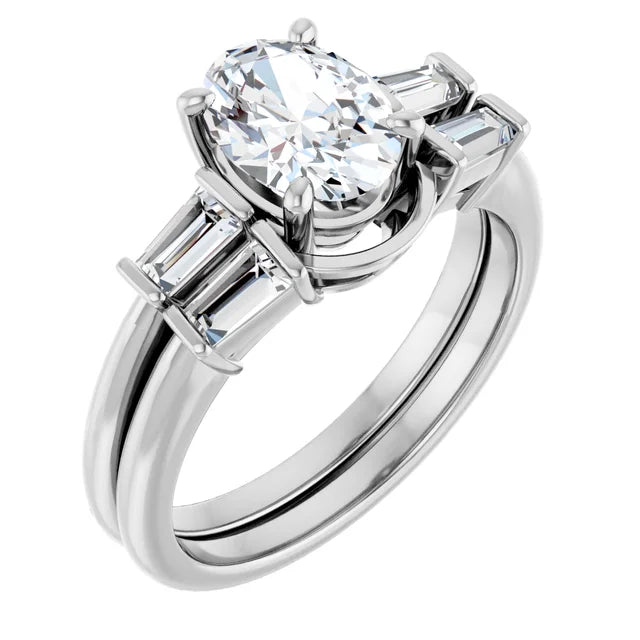 Oval White Gold Baguette Accent Lab Diamond Engagement Ring