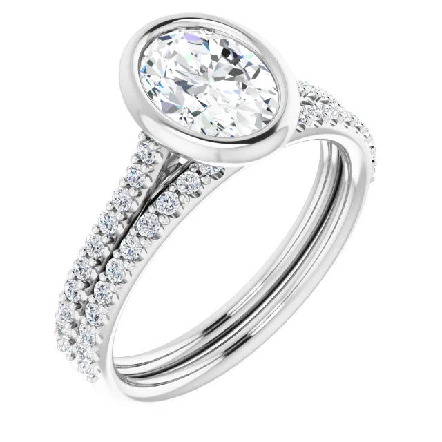 Oval White Gold Bezel Pave Lab Diamond Engagement Ring 