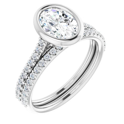 Oval White Gold Bezel Pave Lab Diamond Engagement Ring 