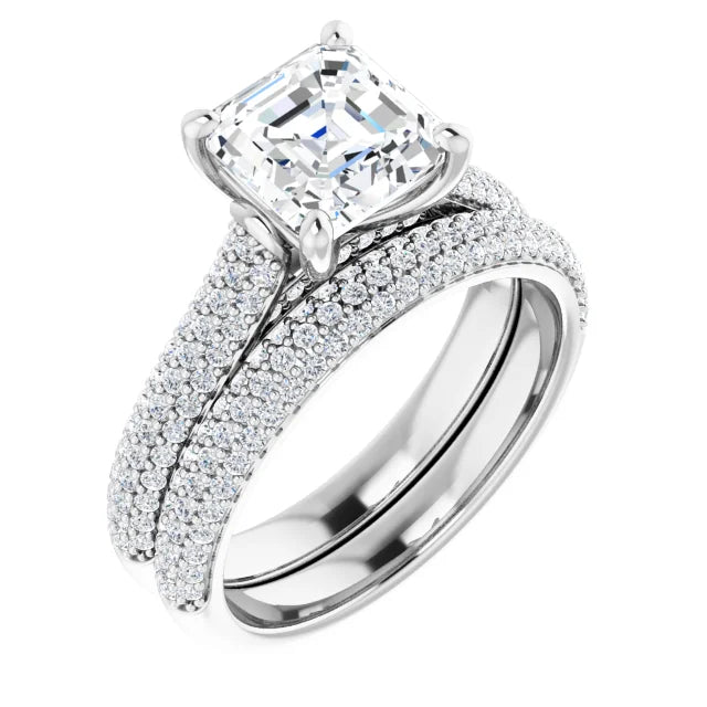 Asscher White Gold Pave Lab Diamond Engagement Ring 