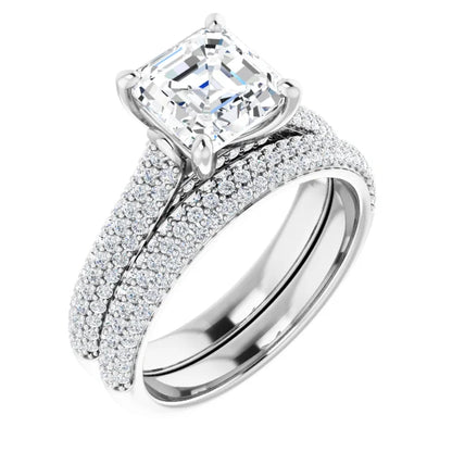 Asscher White Gold Pave Lab Diamond Engagement Ring 