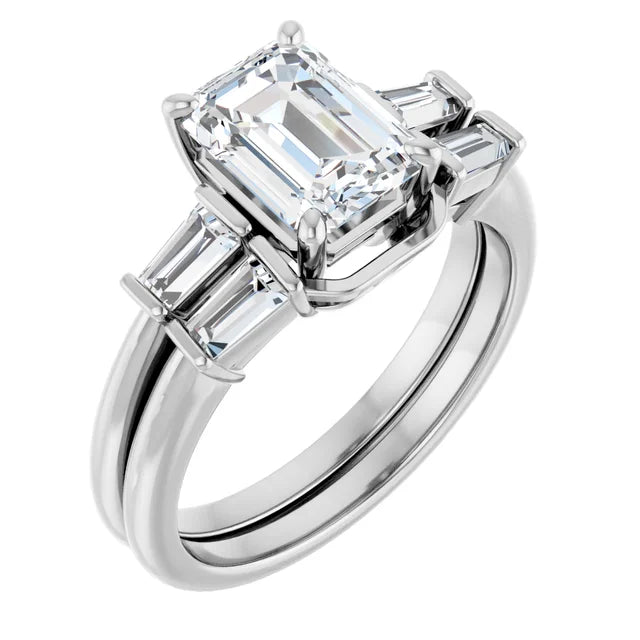 Emerald White Gold Baguette Accent Lab Diamond Engagement Ring 