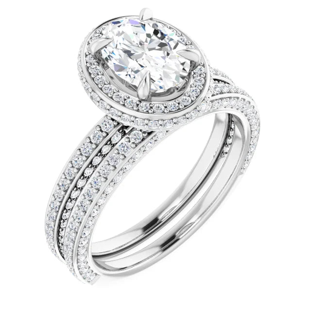 Oval White Gold Halo Pave Style Lab Diamond Engagement Ring 