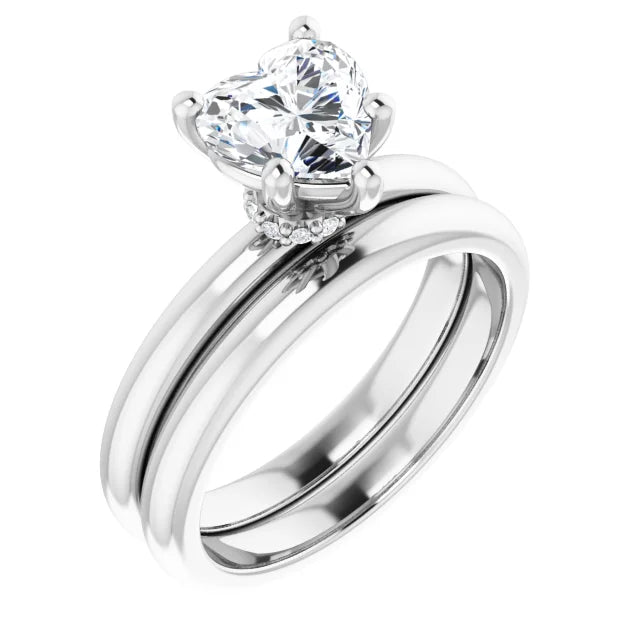 Heart Cut White Gold Low Hidden Halo Solitaire Engagement Ring