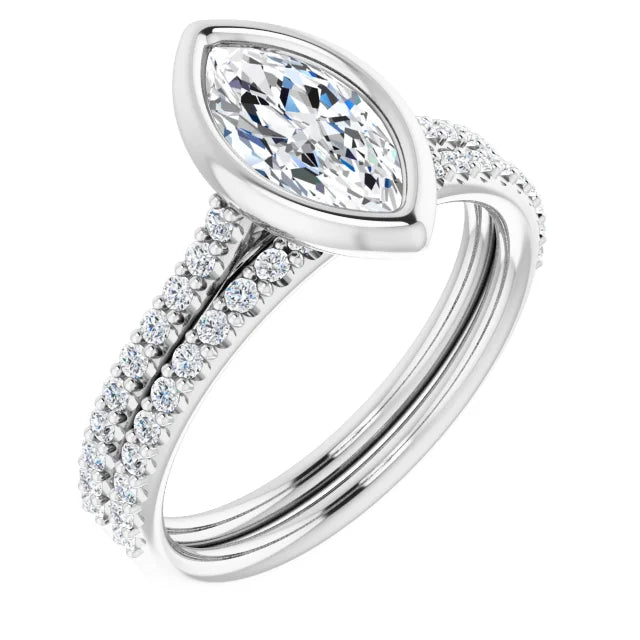 Marquise White Gold Bezel Pave Lab Diamond Engagement Ring 