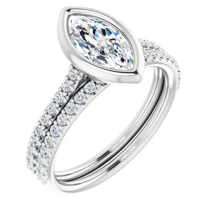 Marquise White Gold Bezel Pave Lab Diamond Engagement Ring 