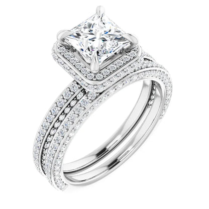 Princess White Gold Halo Pave Style Lab Diamond Engagement Ring 