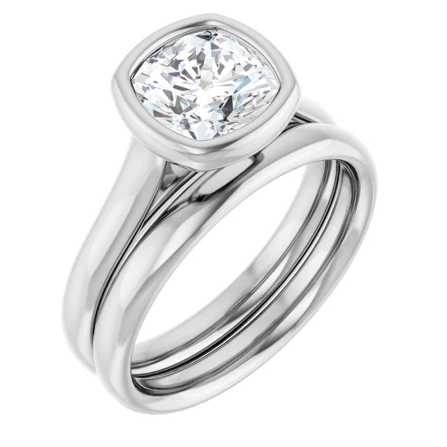 Cushion White Gold Bezel Solitaire Lab Diamond Engagement Ring 