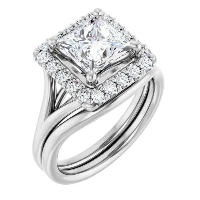 Princess White Gold Halo Solitaire Split Band Lab Diamond Engagement Ring 